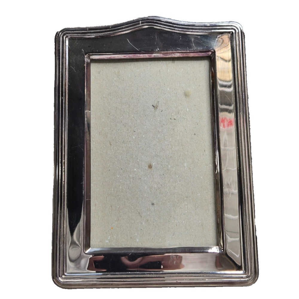 Vintage Silver Tone Metal Arched Tabletop Photo Frame Double Ridge Border Korea